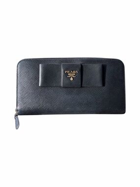 Prada Black Bow Saffiano Zip Around Continental Wallet Gold tone Hardware